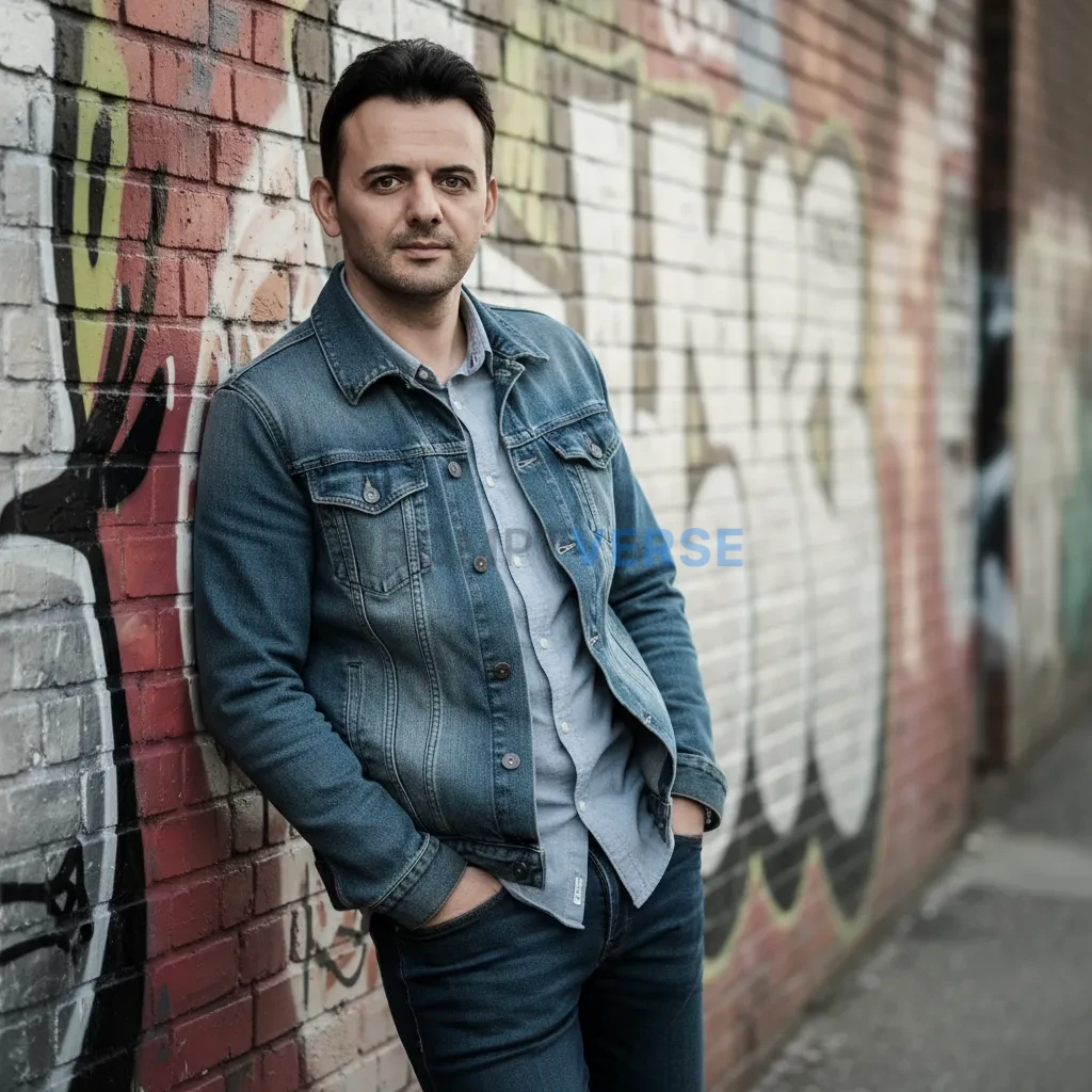 Cinematic portrait, man in a denim-on-denim layered look, leaning casually against a graffitied wall, shallow depth-of-field c - PromptVerse