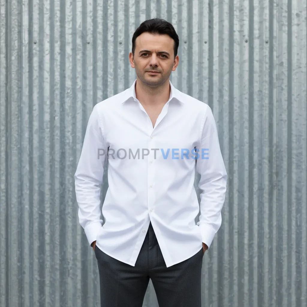 Editorial fashion portrait, man in a crisp white oversized shirt tucked into tailored trousers, standing in front of an indust - PromptVerse
