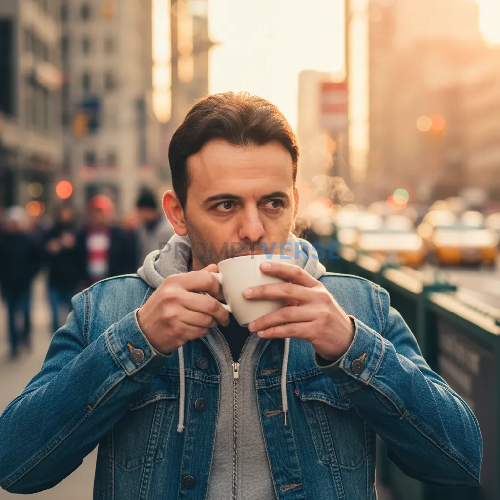 Lifestyle portrait, man in a denim jacket layered over a hoodie, sipping coffee outside a metro station, natural golden hour g - PromptVerse