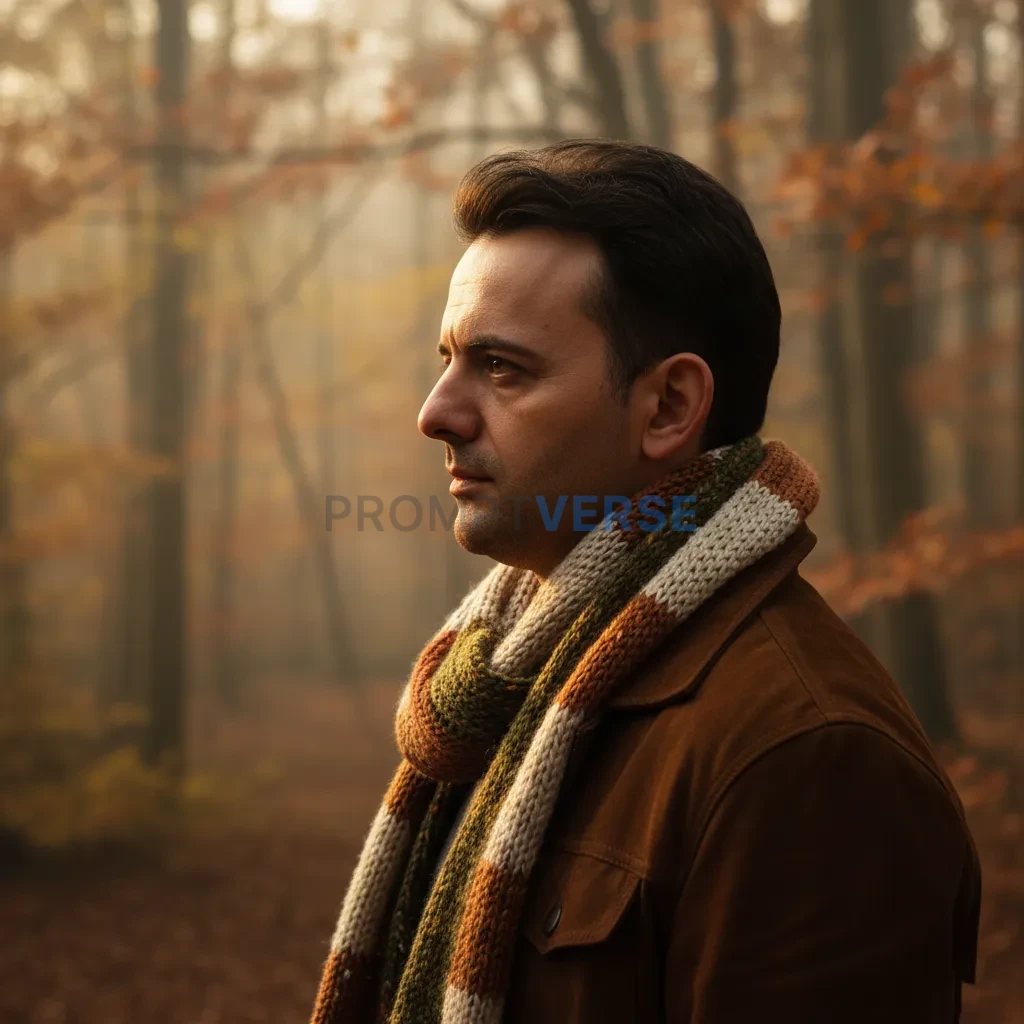 Portrait of a man in a suede jacket layered with a chunky knit scarf, moody autumn light falling across his profile, cinematic - PromptVerse