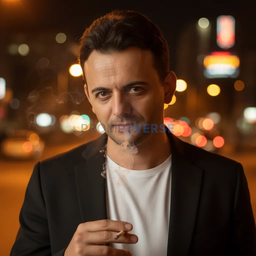 Close cinematic headshot, man in a minimalist suit jacket over a basic white tee, cigarette smoke curling upward, blurred warm - PromptVerse