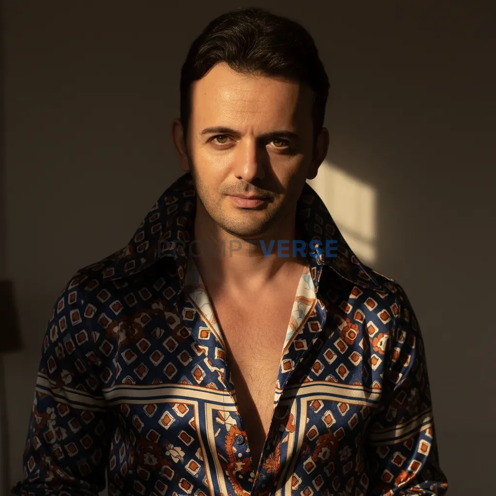 High-fashion portrait of a man in a patterned silk shirt with wide collar, chest slightly open, soft cinematic shadows creatin - PromptVerse