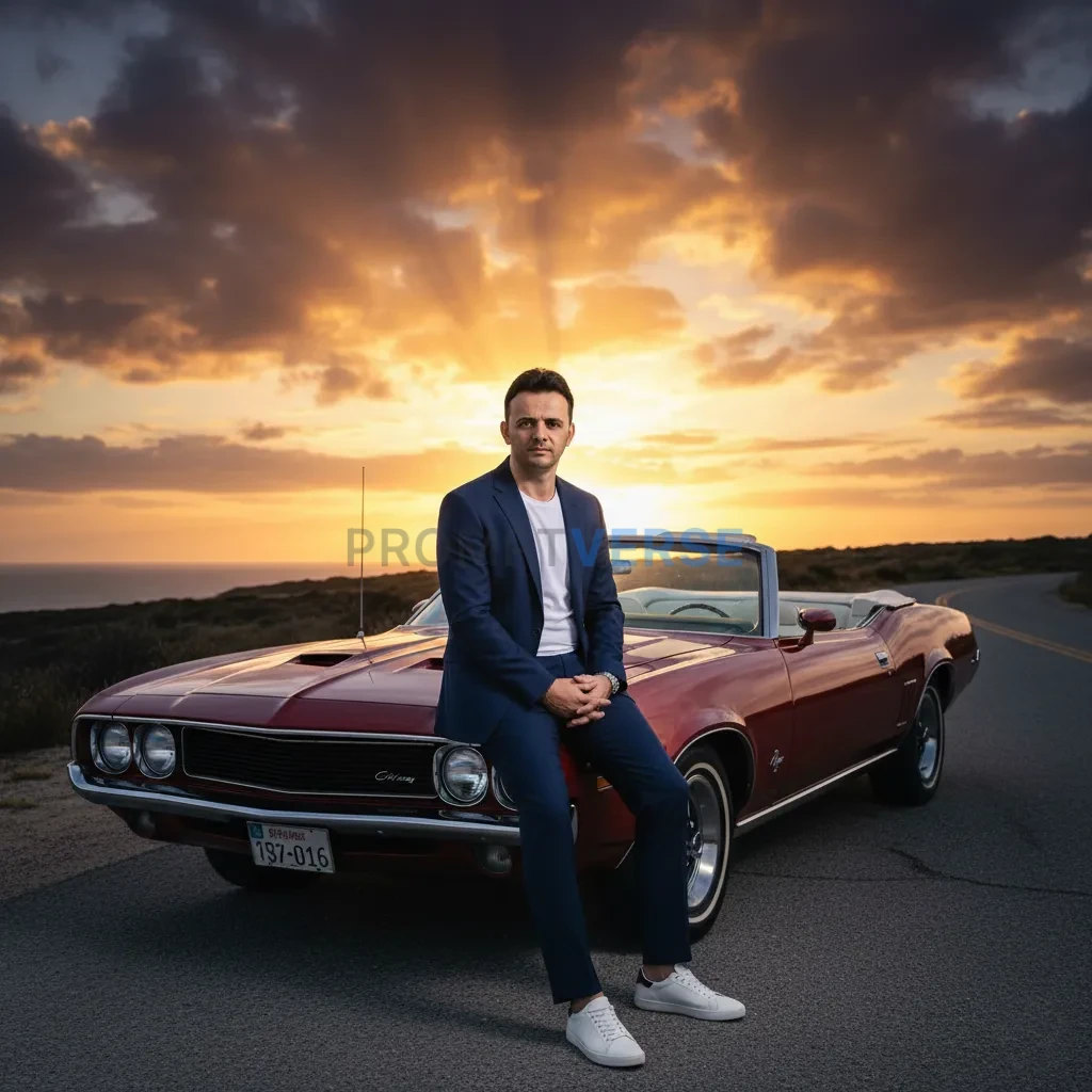 Editorial portrait of a man in a modern suit with sneakers, sitting on the hood of a vintage car, dramatic sunset sky painting - PromptVerse