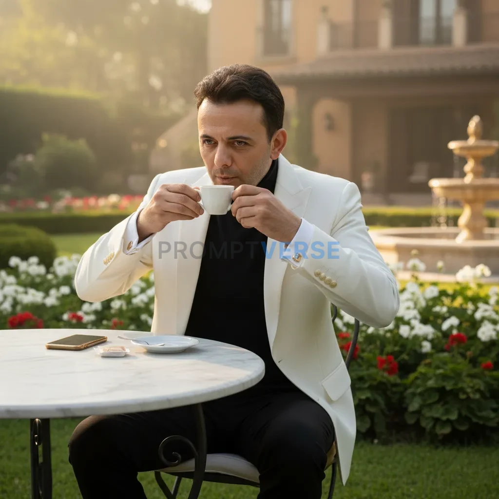 Ultra-detailed portrait, man in white blazer with gold cufflinks, sipping espresso at marble table in luxury villa garden. - PromptVerse