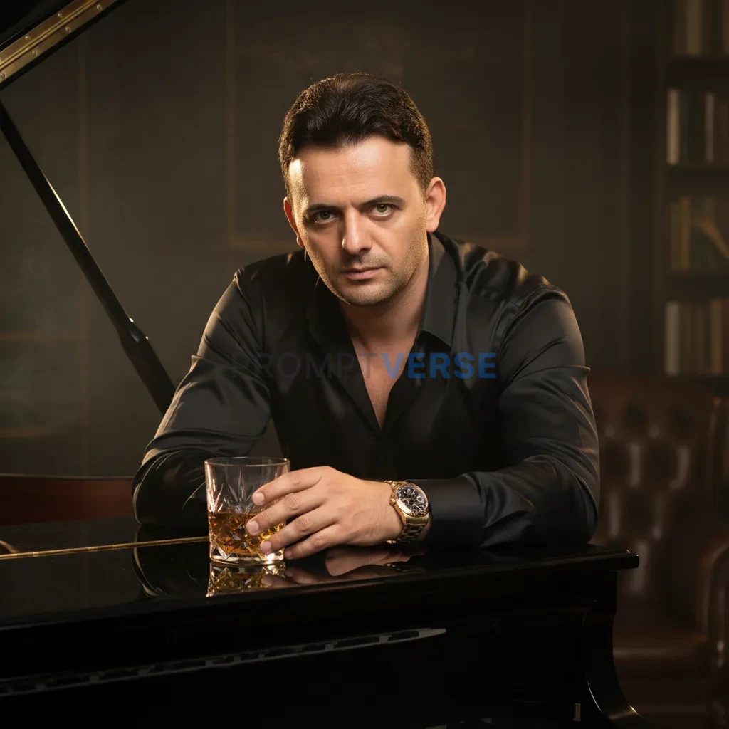 Cinematic close-up, man in silk shirt with gold watch, leaning on a polished grand piano, whiskey glass beside him. - PromptVerse