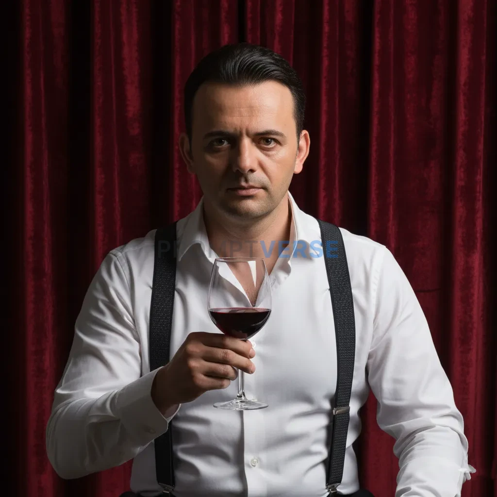 Editorial portrait, mafia don in crisp white shirt with suspenders, holding a glass of red wine, heavy velvet curtains behind. - PromptVerse