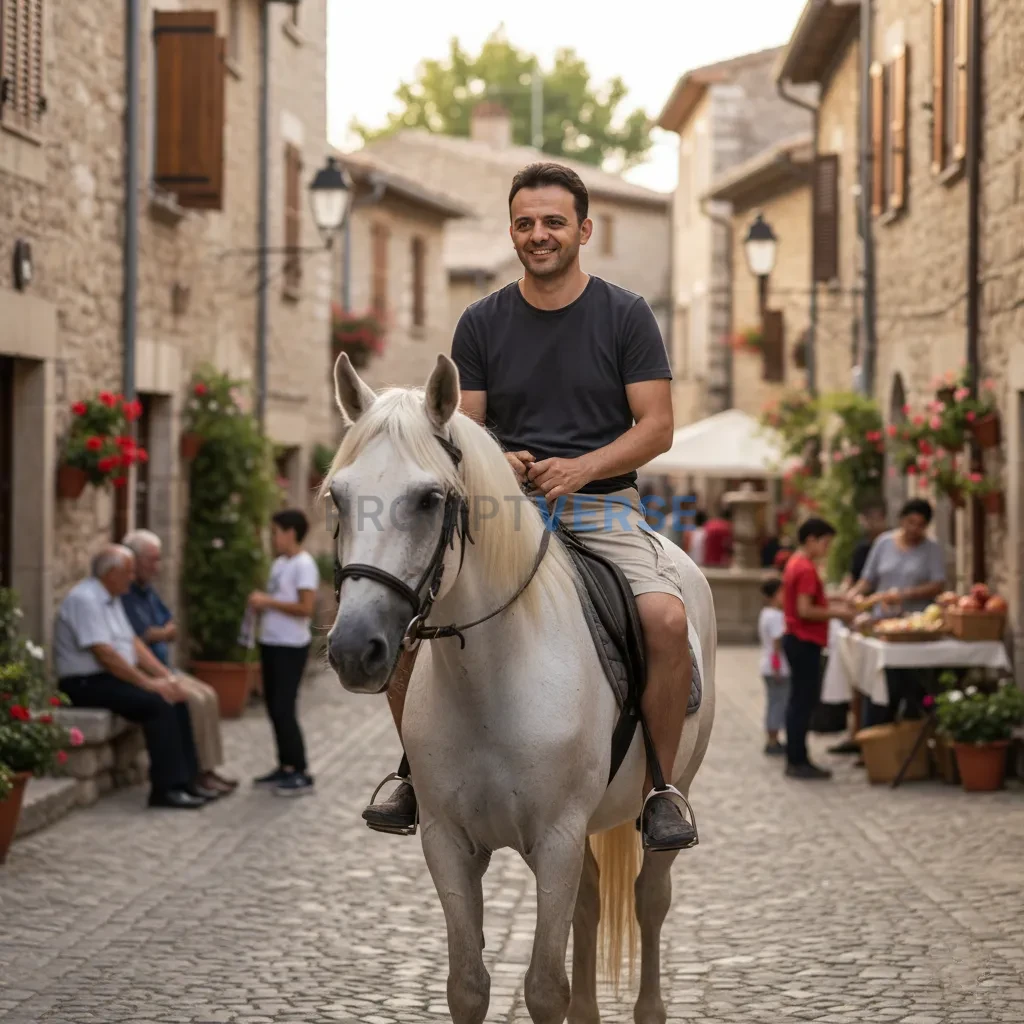 High-quality lifestyle portrait, man seated on a white horse in a rustic village street, candid interaction with locals in bac - PromptVerse