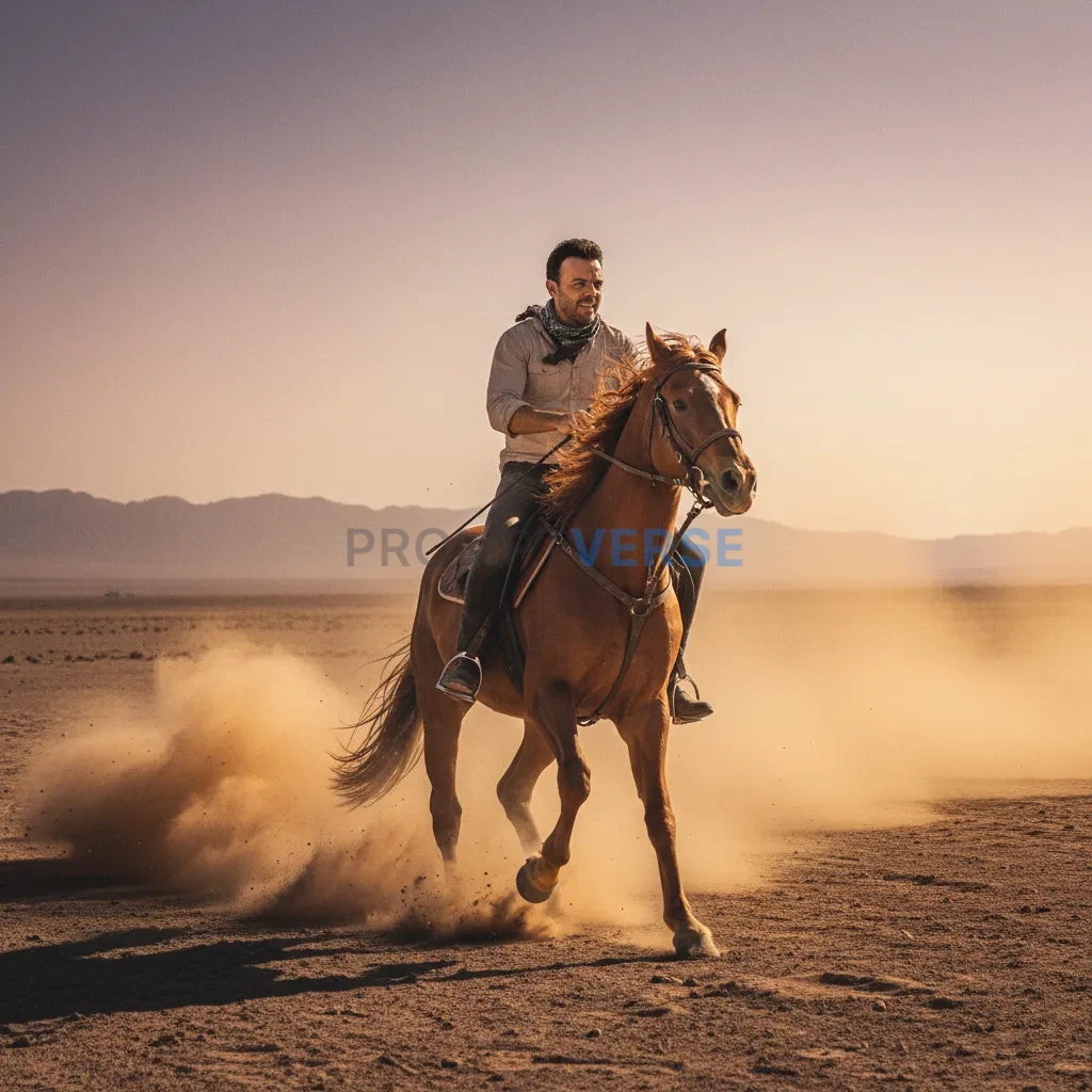 Cinematic action portrait, man galloping across desert sand on horseback, dramatic dust clouds swirling, strong filmic energy. - PromptVerse