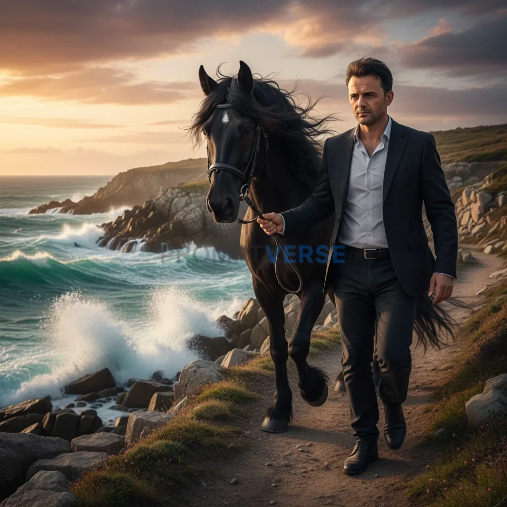 Editorial portrait of a man leading a black horse along a rocky coastal path, ocean waves crashing below, cinematic wind effec - PromptVerse