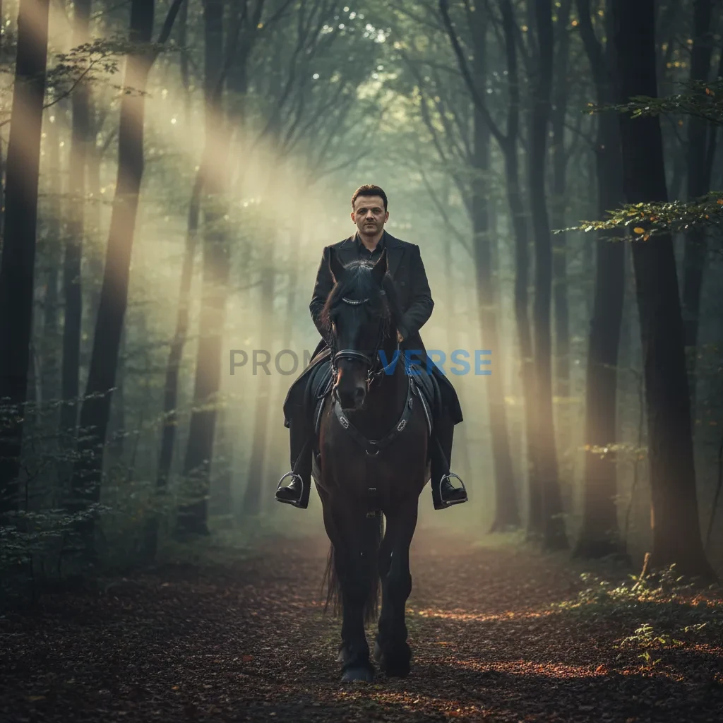 High-quality portrait, man in tailored dark overcoat riding a majestic horse through misty forest, cinematic light beams break - PromptVerse