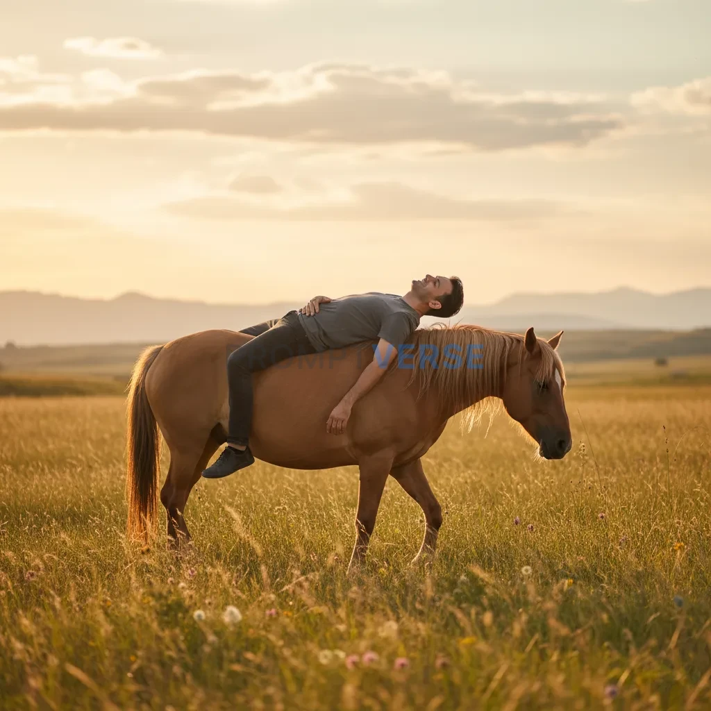 Cinematic lifestyle portrait, man resting on a horse’s back without a saddle, open grassland around, natural relaxed candid vi - PromptVerse