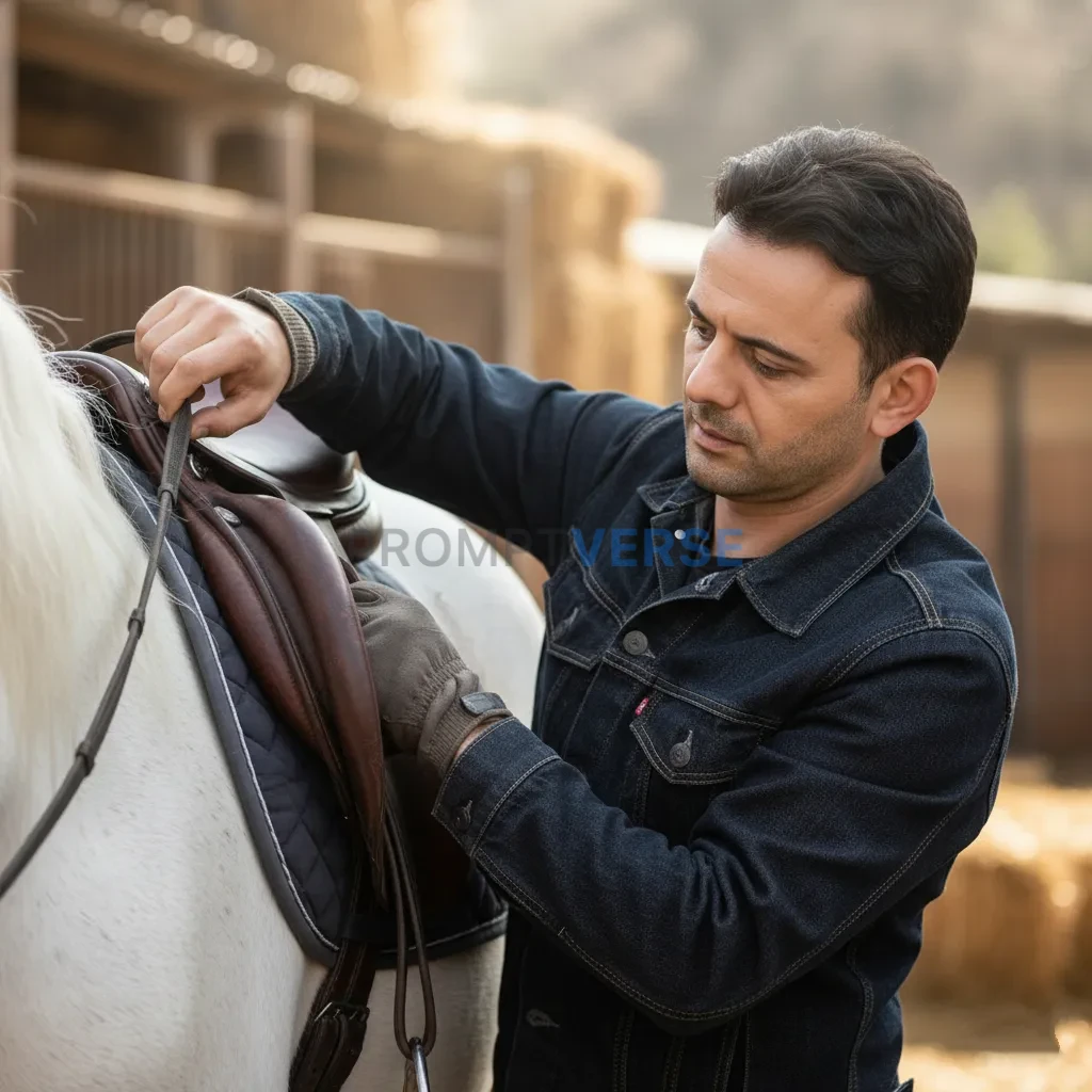 Close-up editorial portrait of a man adjusting the saddle on a white horse, focused expression, cinematic shallow depth of fie - PromptVerse