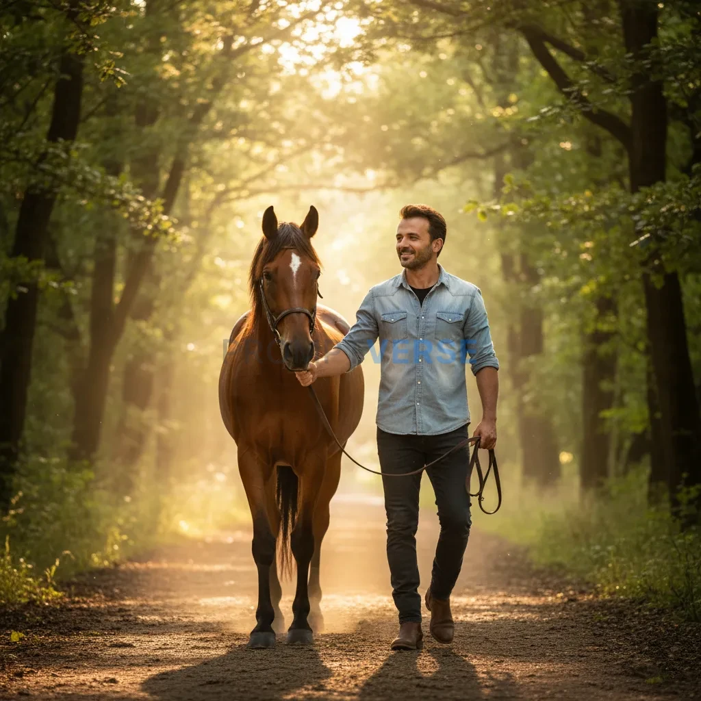 Ultra-detailed portrait, man in casual denim shirt walking beside a chestnut horse, holding reins loosely, warm natural sunlig - PromptVerse