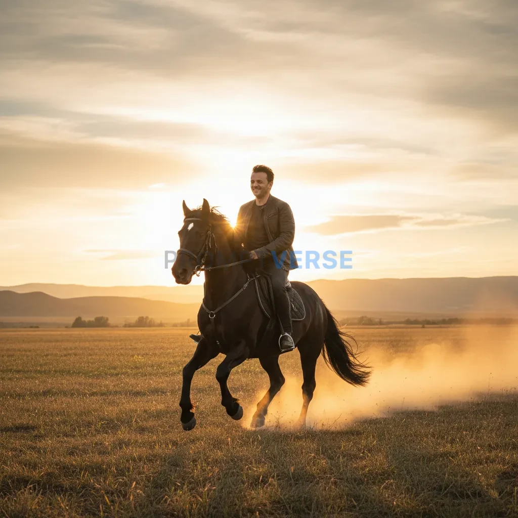 Cinematic portrait of a man riding a black stallion across an open field at golden hour, dust rising behind, dramatic backligh - PromptVerse