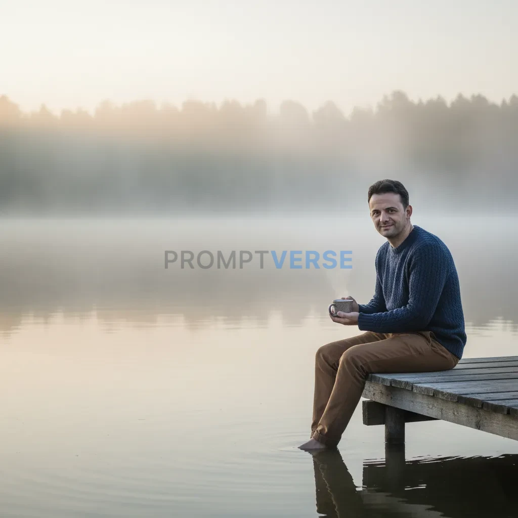 Outdoor lifestyle portrait, man sitting on a wooden pier with his legs in the lake, holding coffee mug, calm morning mist atmo - PromptVerse