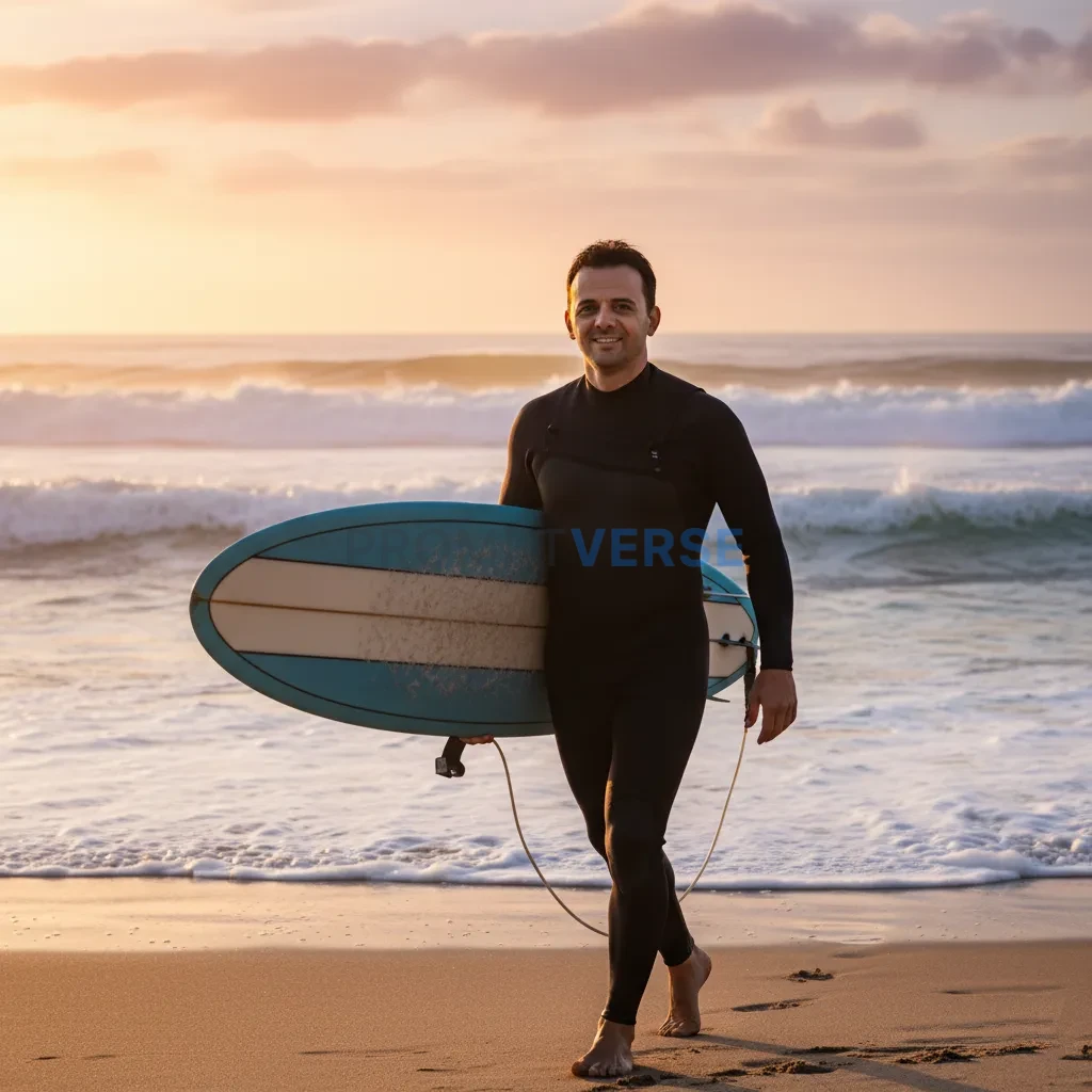 Cinematic outdoor portrait, man in wetsuit walking along the shore carrying a surfboard, ocean waves crashing behind. - PromptVerse