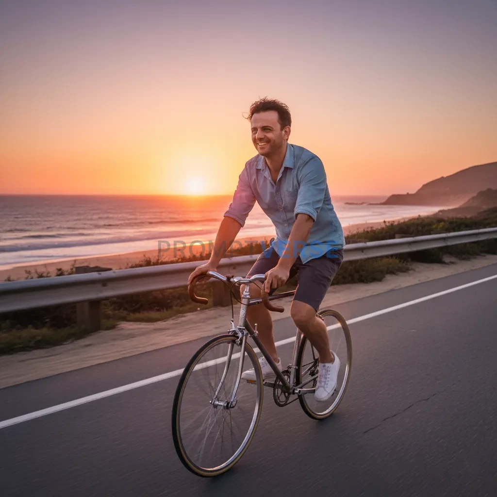 Cinematic lifestyle portrait, man riding a bicycle along a coastal road at sunset, wind in his hair, candid natural vibe. - PromptVerse