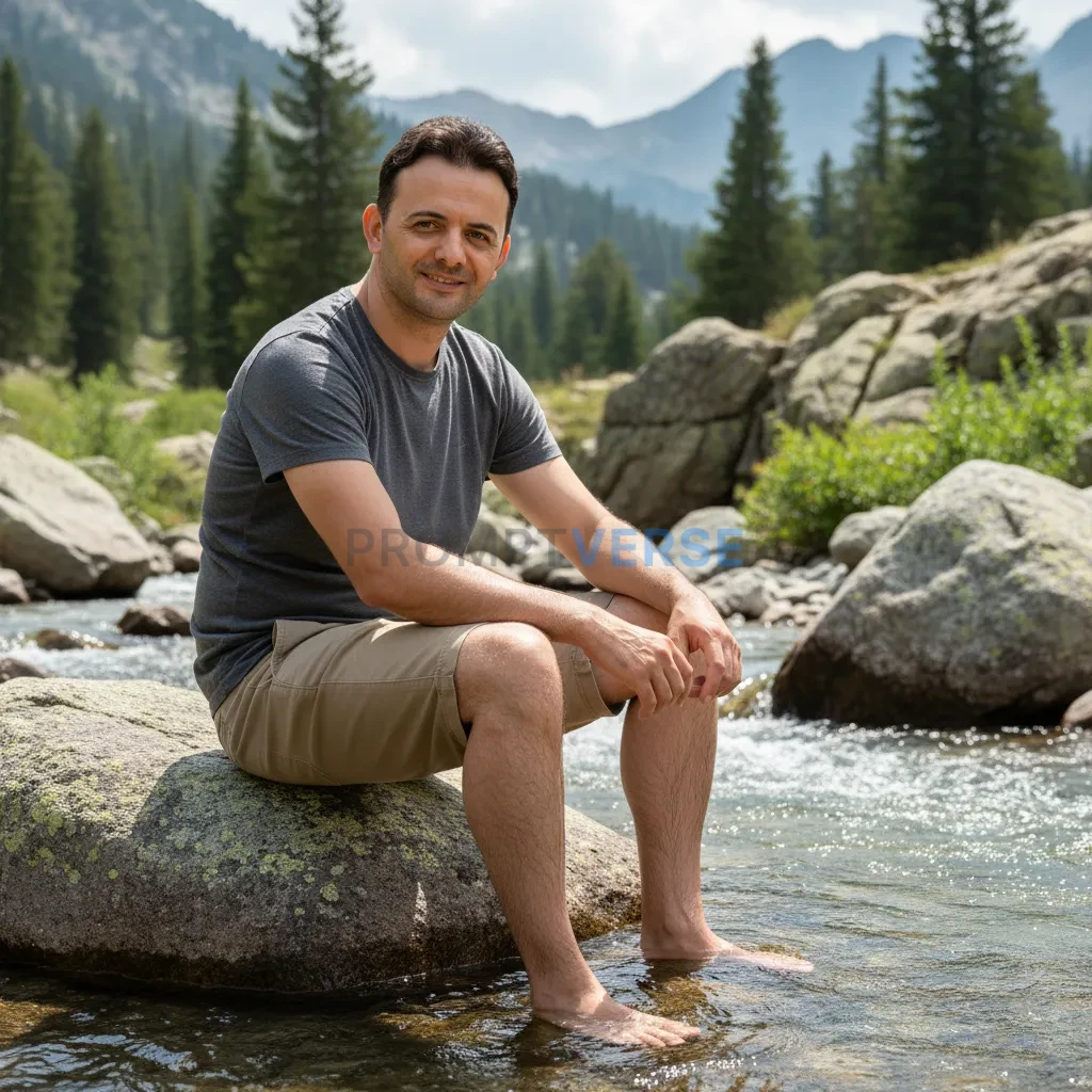Outdoor portrait, man in casual clothes seated on a rock beside a mountain stream, dipping his feet in water, natural candid s - PromptVerse