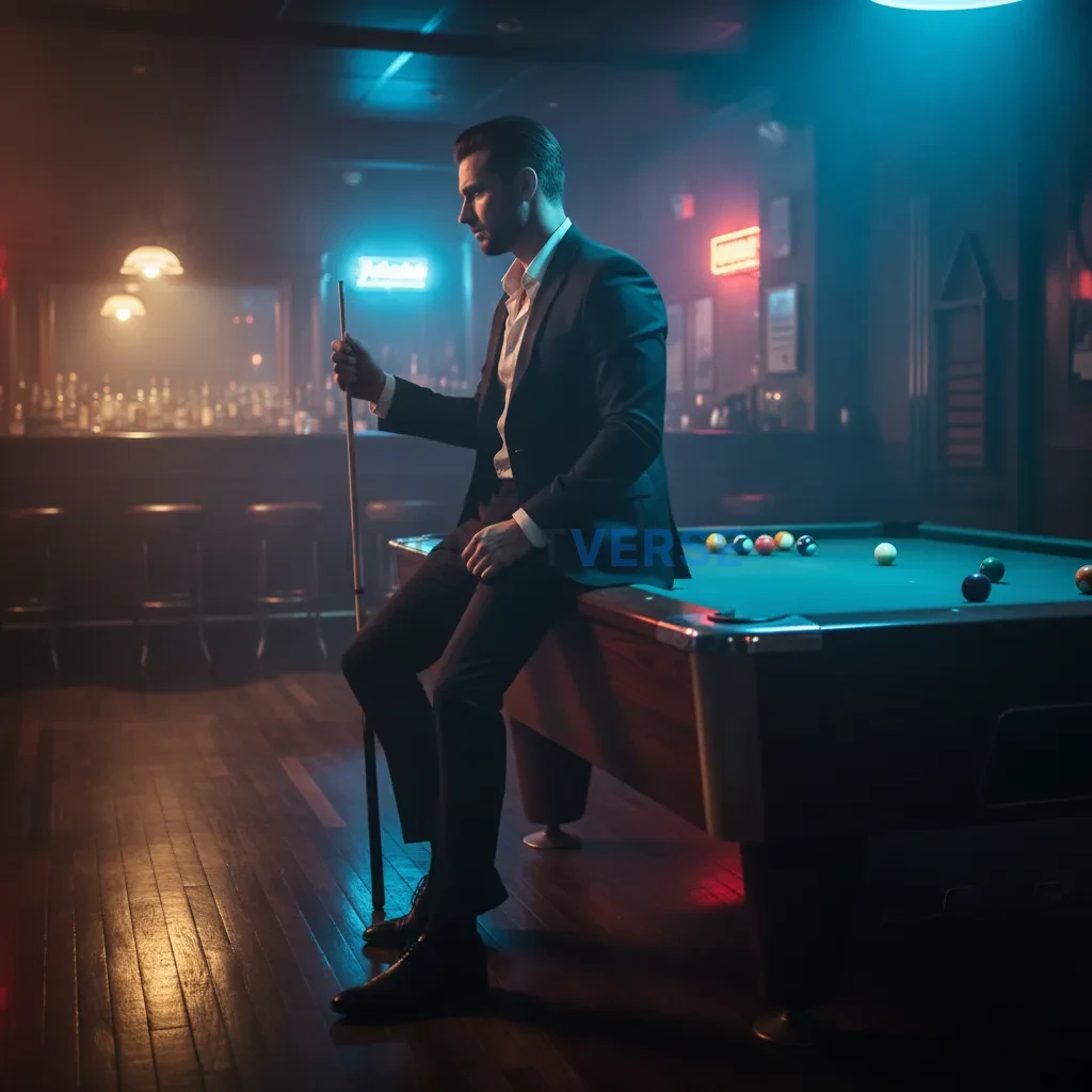 A cinematic side-angle shot of a man in a sharp black suit, no tie, sitting on the edge of a billiards table in a dimly lit sm - PromptVerse