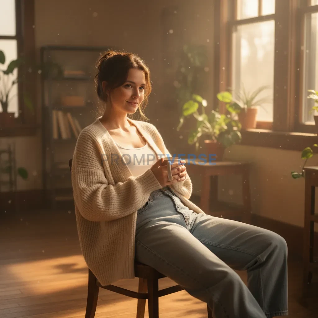 Relaxed woman wearing casual outfit, sitting on a wooden chair, cinematic warm tone. - PromptVerse