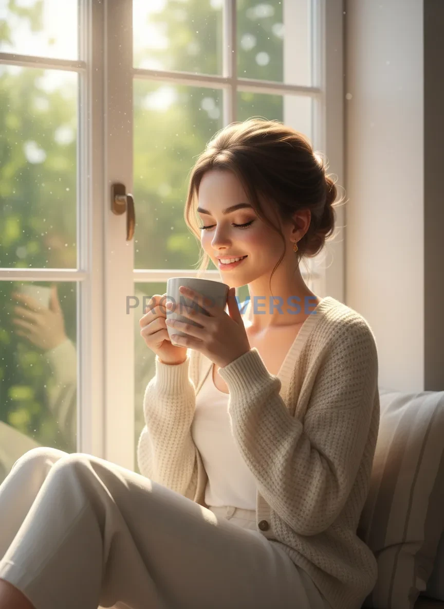 Candid portrait of woman sitting near window with coffee mug, natural expression. - PromptVerse