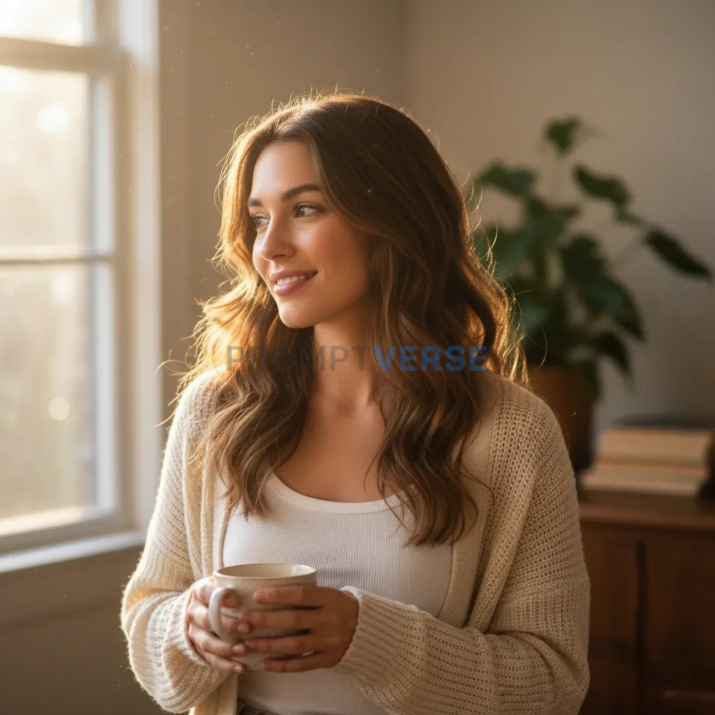 Woman with loose hair wearing tank top and cardigan, morning sunlight, lifestyle realism. - PromptVerse
