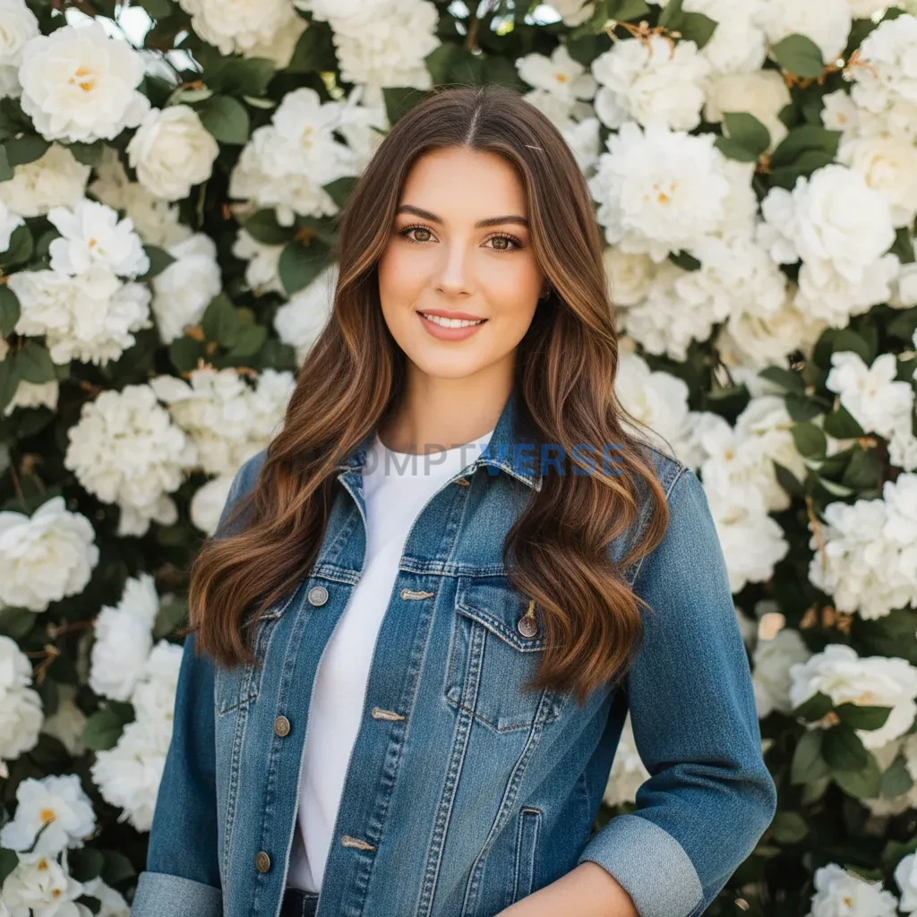 Young woman in denim jacket standing against white floral background, natural light portrait. - PromptVerse