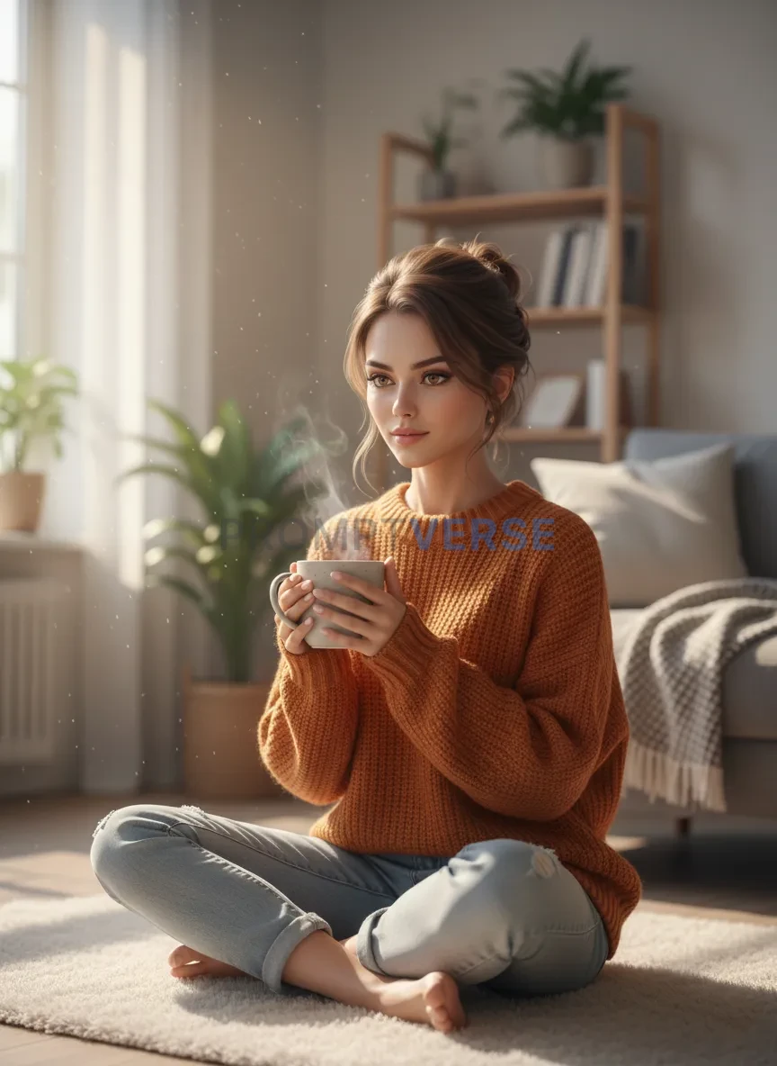 Woman sitting on floor wearing orange sweater and jeans, soft daylight, cozy indoor mood. - PromptVerse