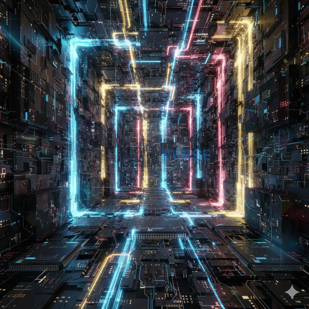 The vast, geometric, and glowing interior of a supercomputer's microchip, with streams of data flowing like rivers of light. - PromptVerse