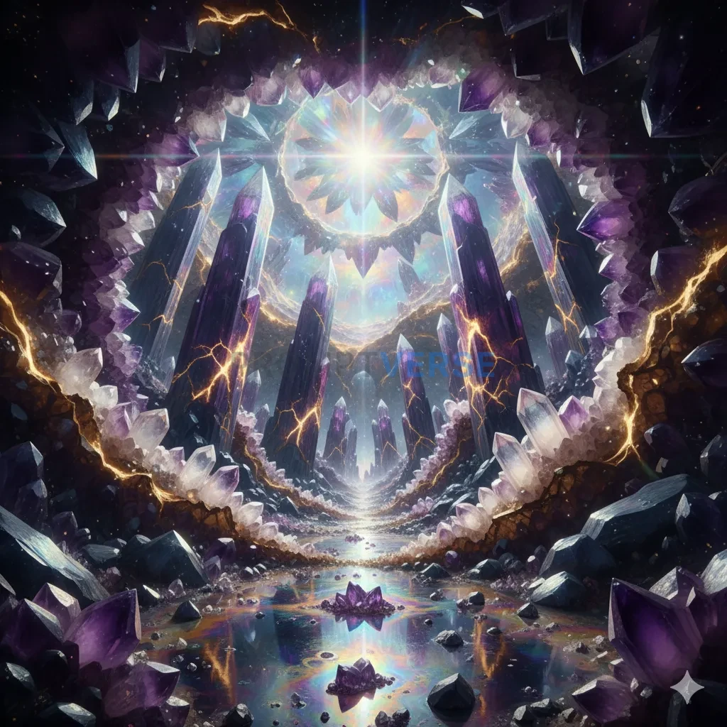 A landscape that appears to be inside a giant, complex geode, with walls of amethyst and quartz crystals the size of skyscrape - PromptVerse