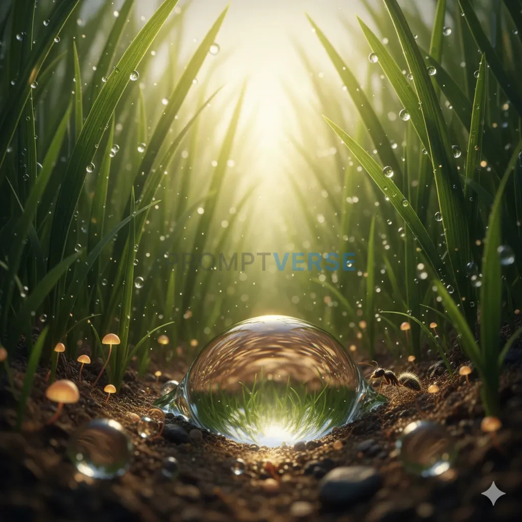 A world viewed through the eyes of an insect, where a single lawn becomes a dense, towering jungle of grass blades and a dewdr - PromptVerse