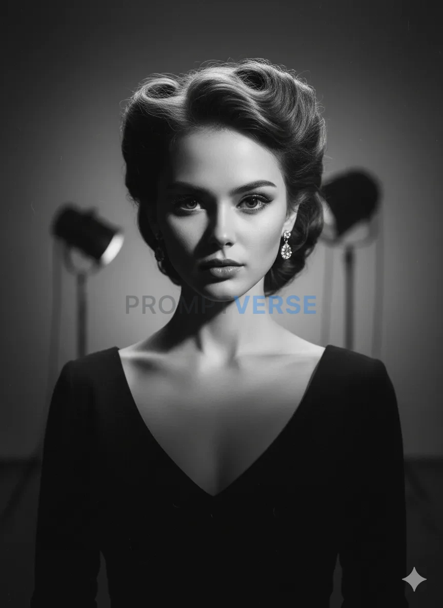 Black and white portrait of woman with retro hairstyle, vintage studio setting, dramatic shadows. - PromptVerse