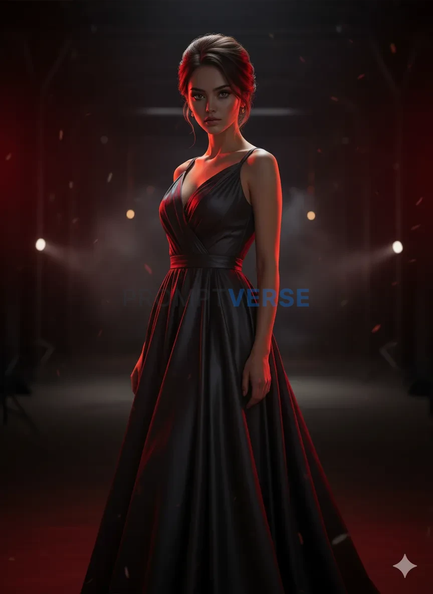 Fashion model with red lighting in dark studio, mysterious vibe, cinematic portrait. - PromptVerse