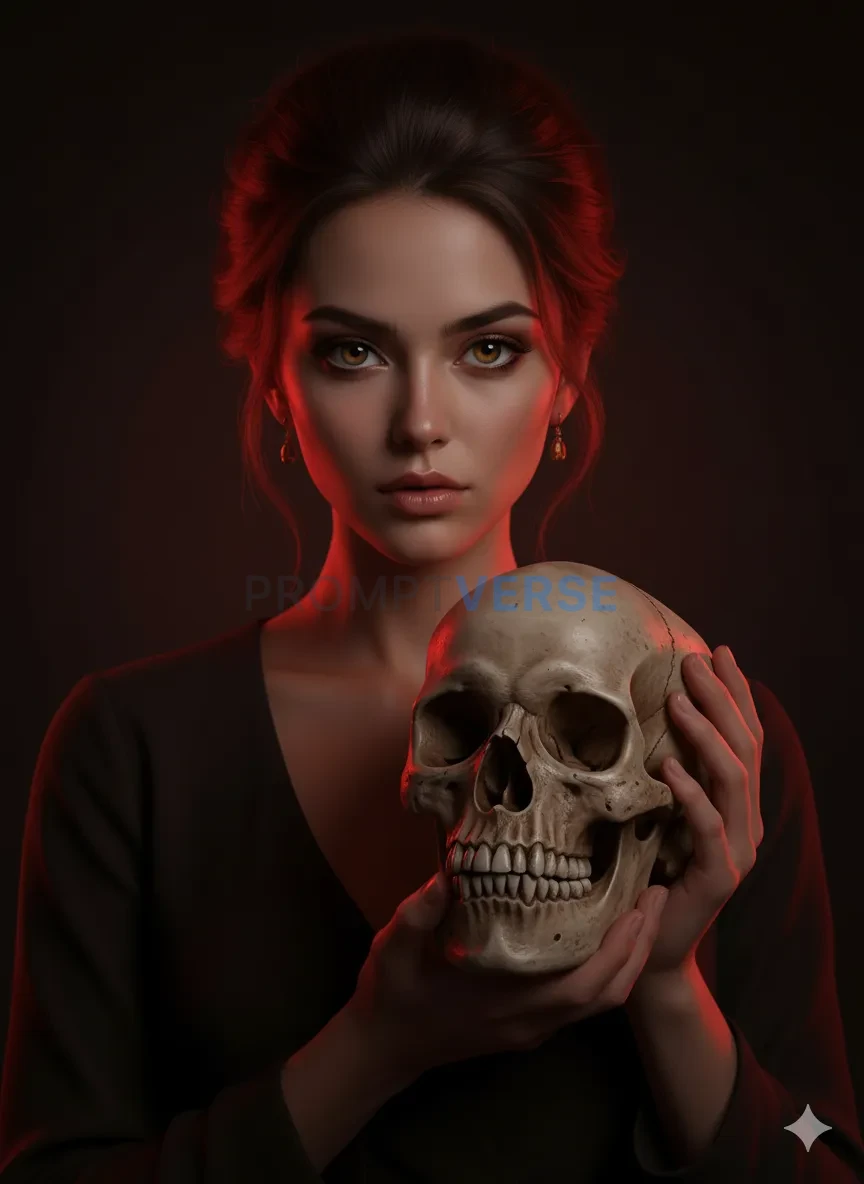 Moody portrait of woman holding a skull under red light, cinematic artistic tone. - PromptVerse