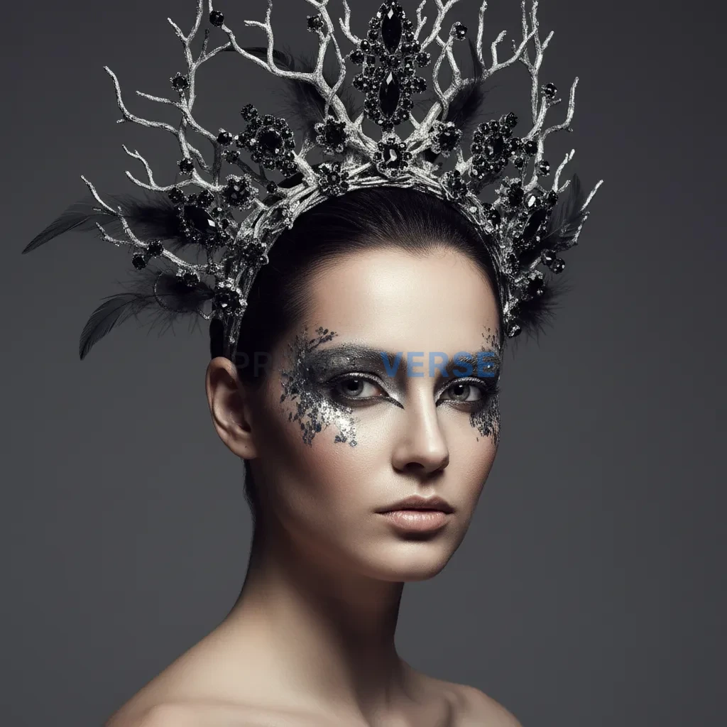Close-up, conceptual fashion shot focusing on exaggerated makeup and an ornate, artistic headpiece worn by a woman with a stoi - PromptVerse