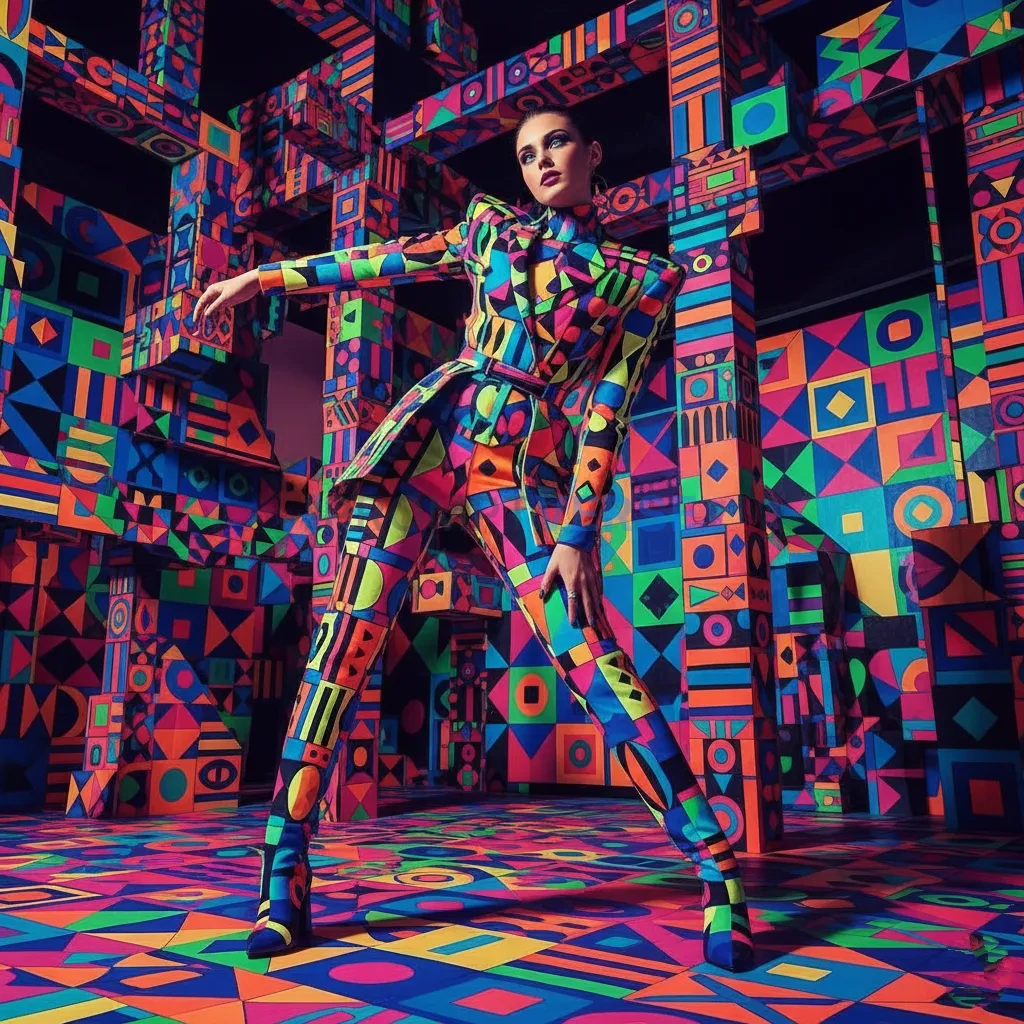 A woman in a brightly colored, geometric-patterned outfit, positioned within a surrealist art installation that mirrors the pa - PromptVerse