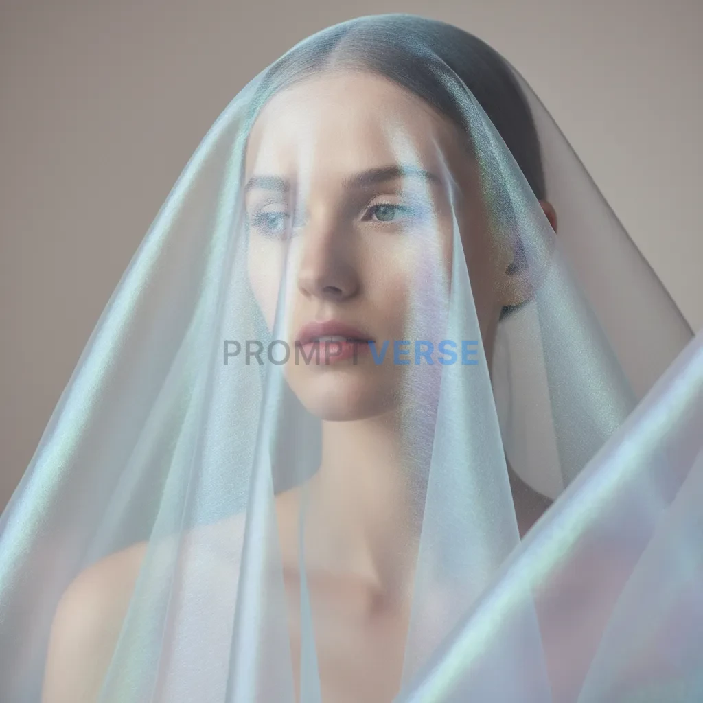 Abstract portrait of a fashion model, her face partially obscured by a veil of sheer, iridescent fabric, creating a mysterious - PromptVerse