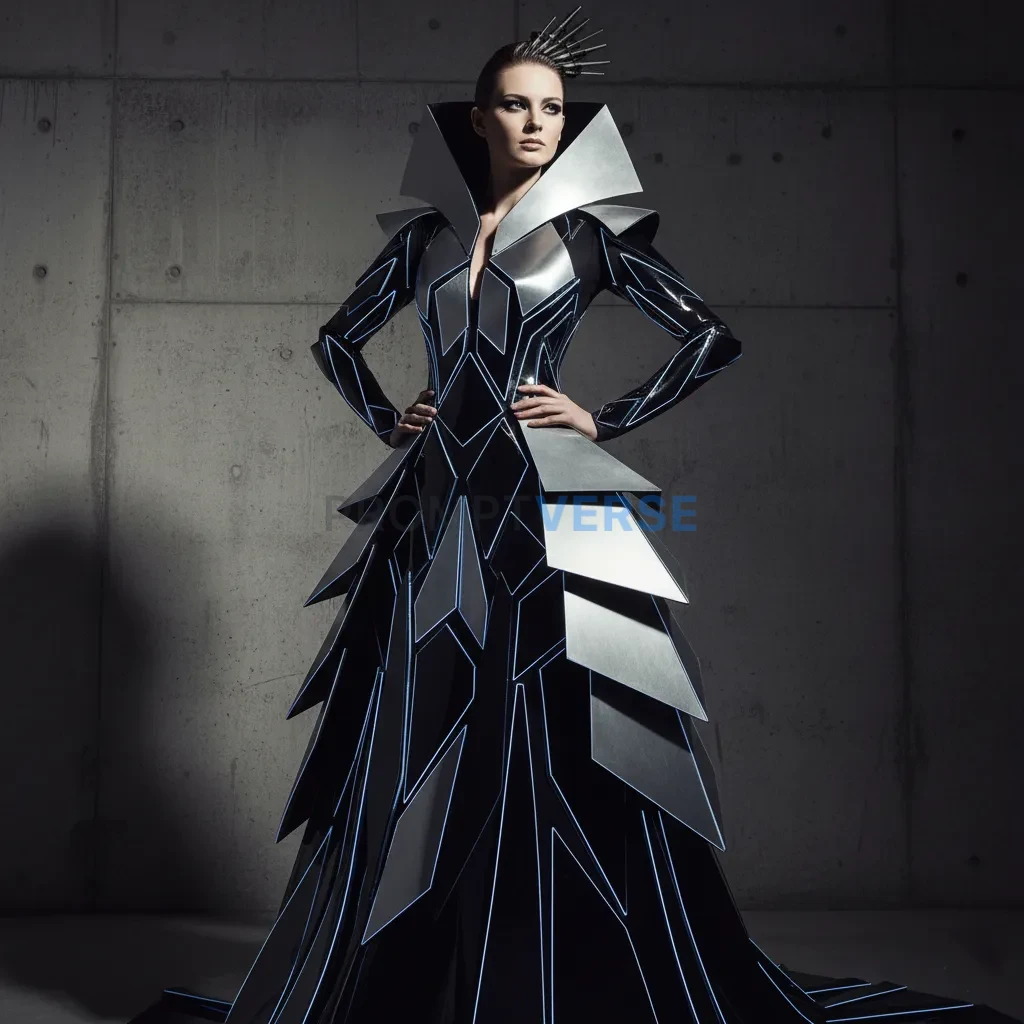 High fashion editorial shot of a woman in an avant-garde, sculptural gown made of unconventional materials, striking a dramati - PromptVerse