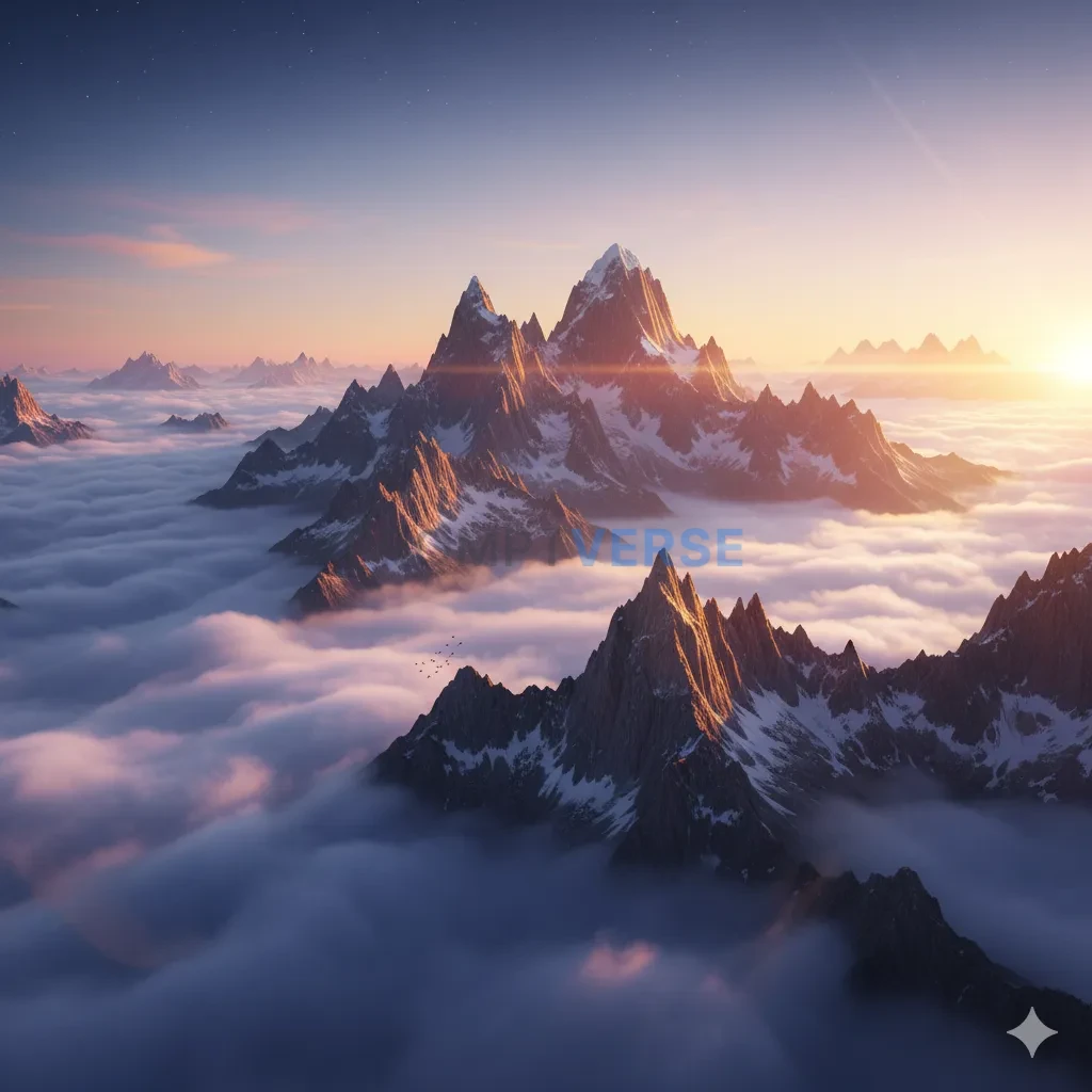 A colossal mountain range piercing through a sea of clouds at sunrise, the peaks glowing with fiery, golden light, cinematic l - PromptVerse