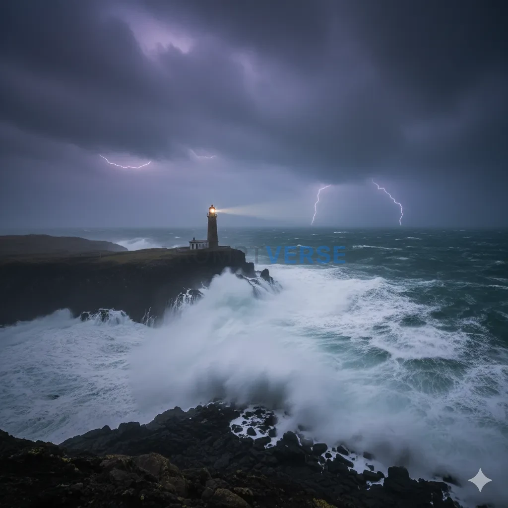 A powerful, stormy ocean with massive, churning waves crashing against jagged, black volcanic cliffs, a lone lighthouse standi - PromptVerse