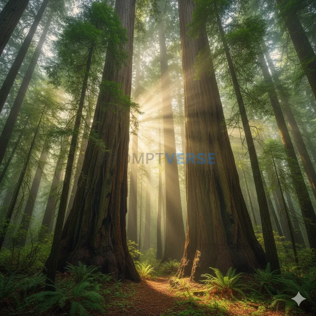 An ancient, giant redwood forest, with cathedral-like shafts of divine sunlight filtering through the dense, misty canopy, ill - PromptVerse