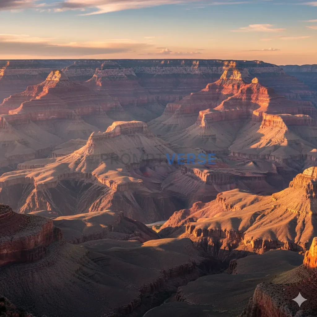 The immense, geological grandeur of the Grand Canyon at sunset, the layers of rock glowing in deep reds, oranges, and purples. - PromptVerse