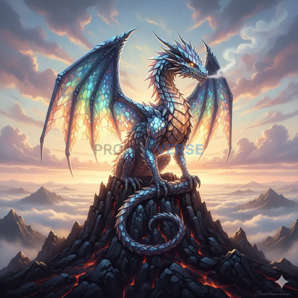 A majestic crystal dragon, its scales shimmering with an inner rainbow light, perched atop a jagged, obsidian mountain peak at - PromptVerse