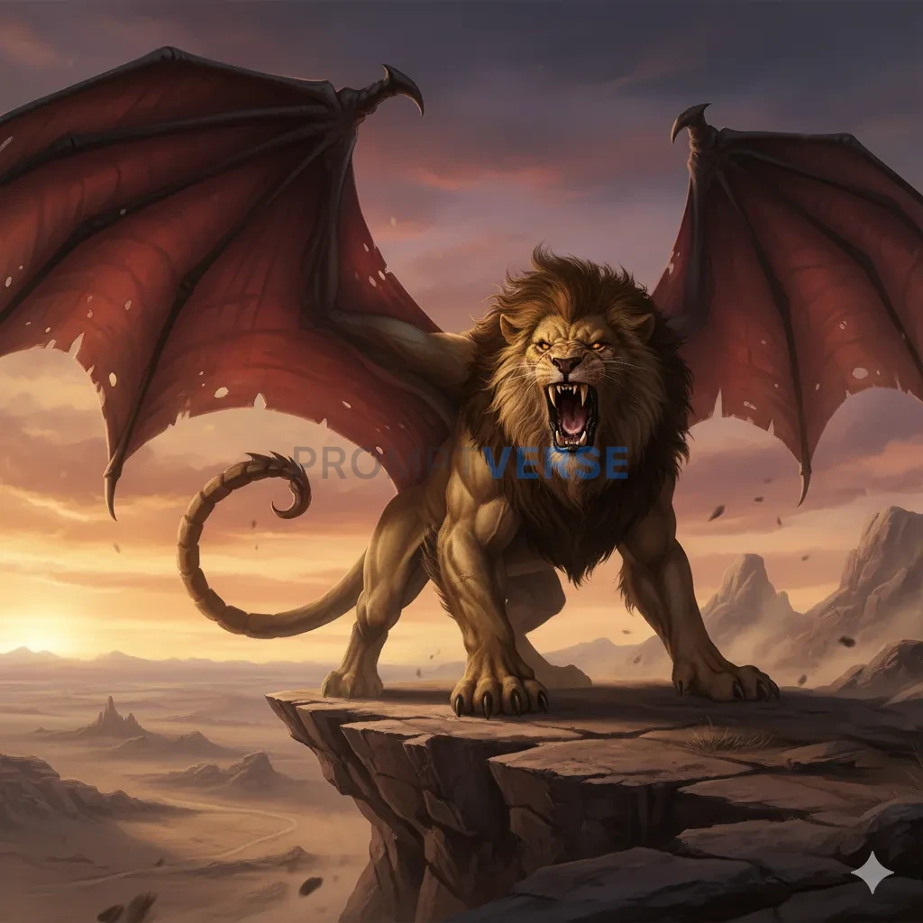 A fearsome Manticore with the body of a lion, the wings of a dragon, and a scorpion's tail, roaring a challenge from a desert  - PromptVerse