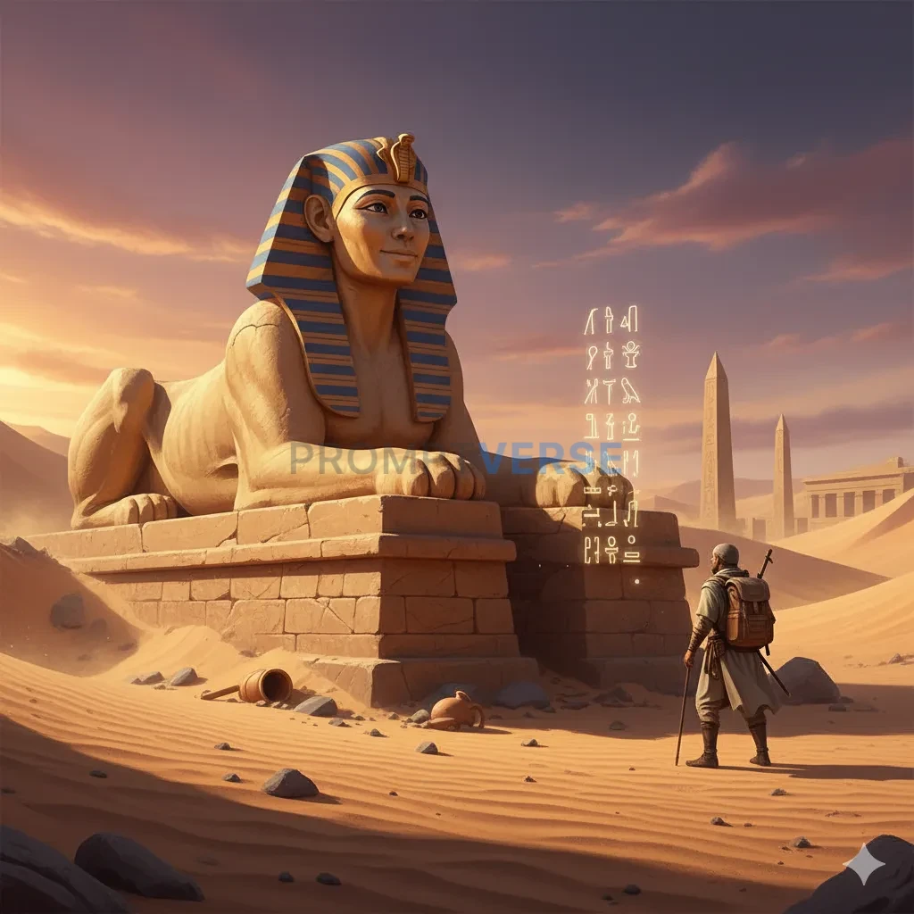 A wise Sphinx with a calm, enigmatic smile, posing a riddle to a lone traveler in the middle of a vast, sandy desert. - PromptVerse