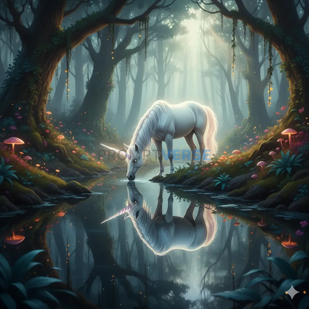 An ethereal unicorn with a pearlescent horn, drinking from a crystal-clear stream in an enchanted forest, its reflection perfe - PromptVerse