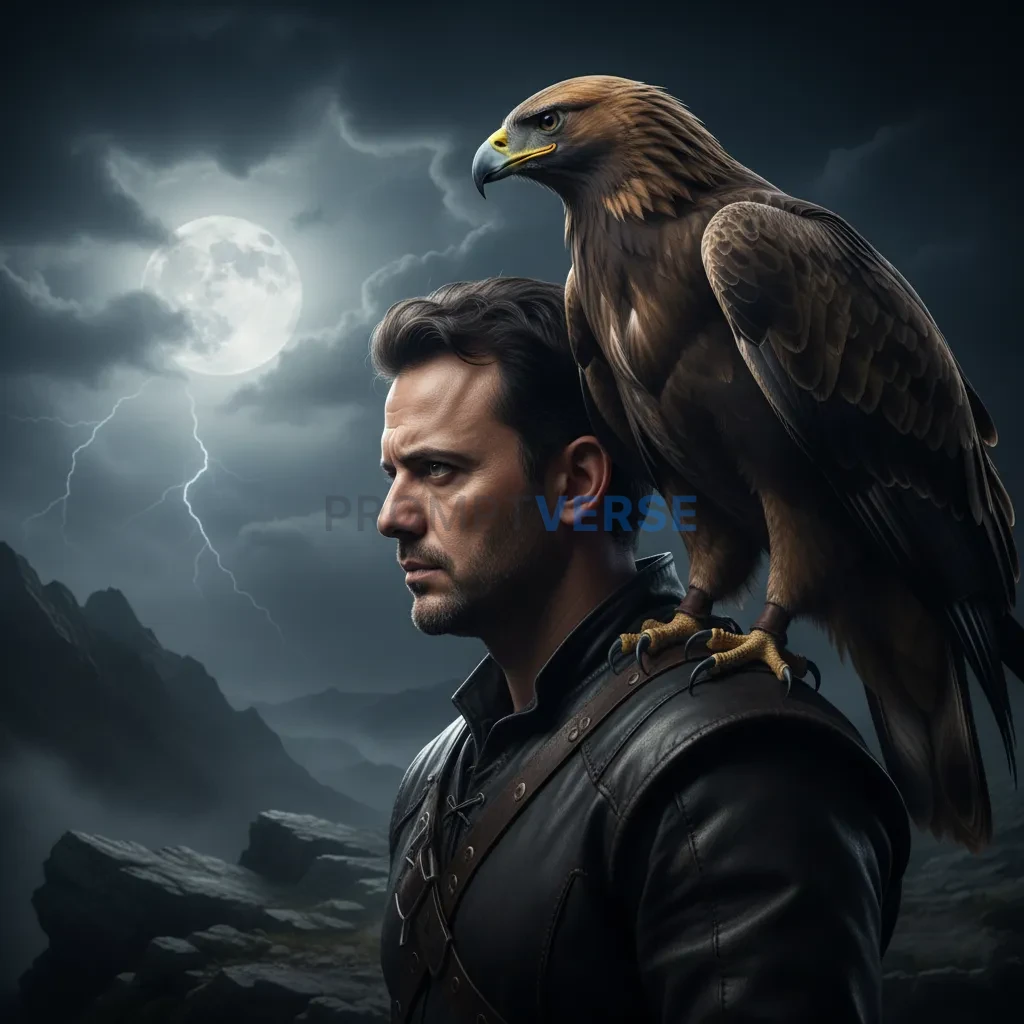 Cinematic headshot of a man side-profile with eagle on his shoulder, both staring in same direction, sharp and commanding. - PromptVerse