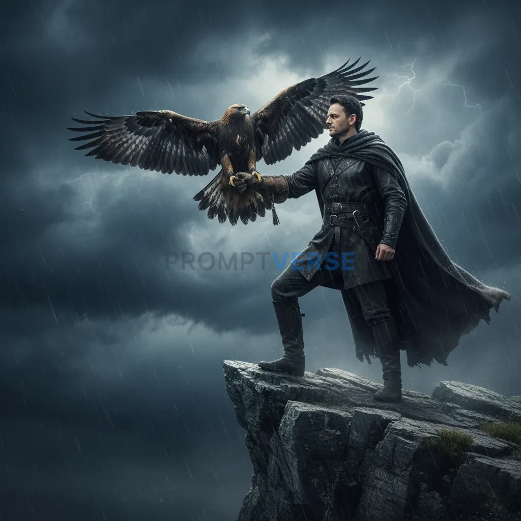 Close-up portrait, man gazing upward as eagle takes flight from his arm, sunlight breaking dramatically through clouds. - PromptVerse