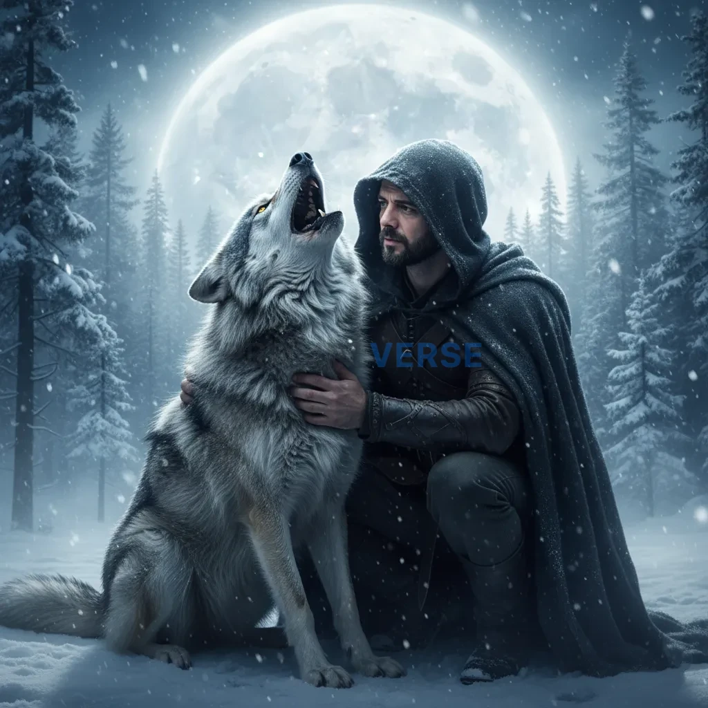 Close-up portrait of a man crouching, stroking the mane of a wolf mid-howl, glowing full moon blurred in background. - PromptVerse