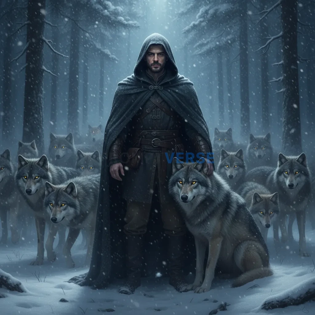 Cinematic portrait, man standing with a pack of wolves around him, one wolf pressed close at his side, snow falling dramatical - PromptVerse